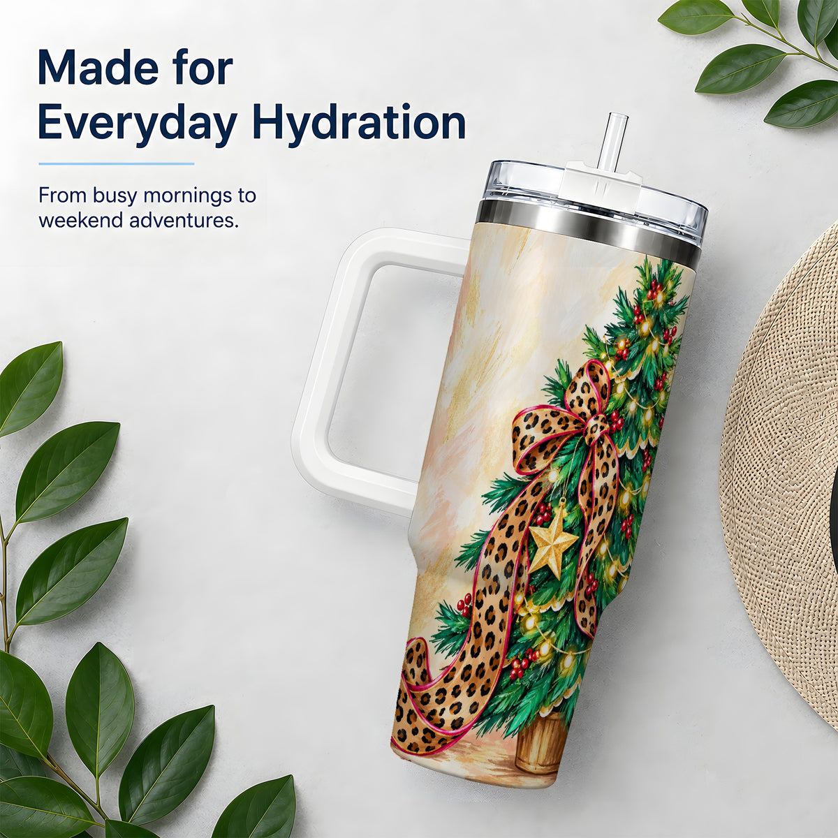 Leopard Print Christmas Tree Tumbler, 40oz Handled Stainless Steel