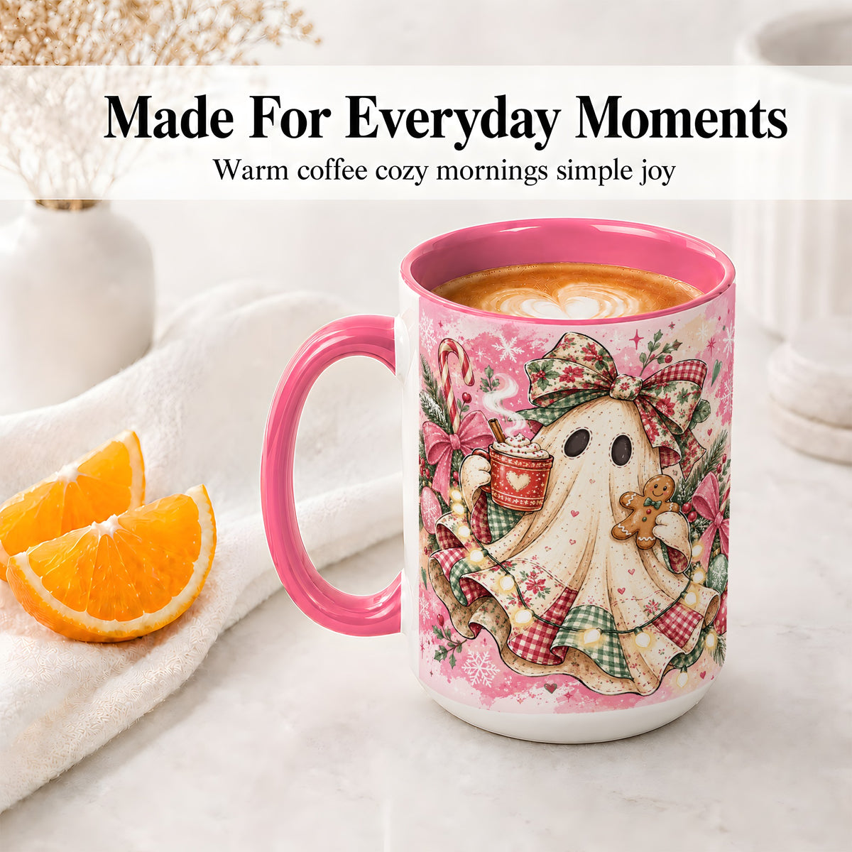 #pl[15oz|Pink] Cute Christmas Ghost Accent Mug, Ceramic Coffee Cup for Ghost Fans