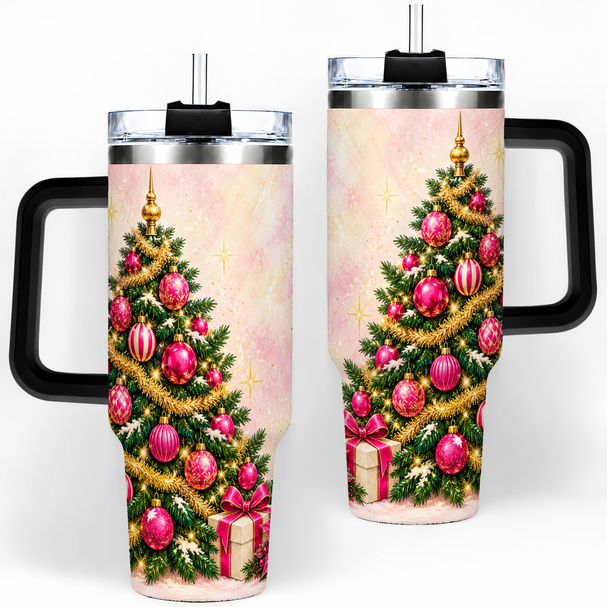 #pl[40oz|Black] Pink Christmas Ornaments Tumbler, 40oz Handled Stainless Steel