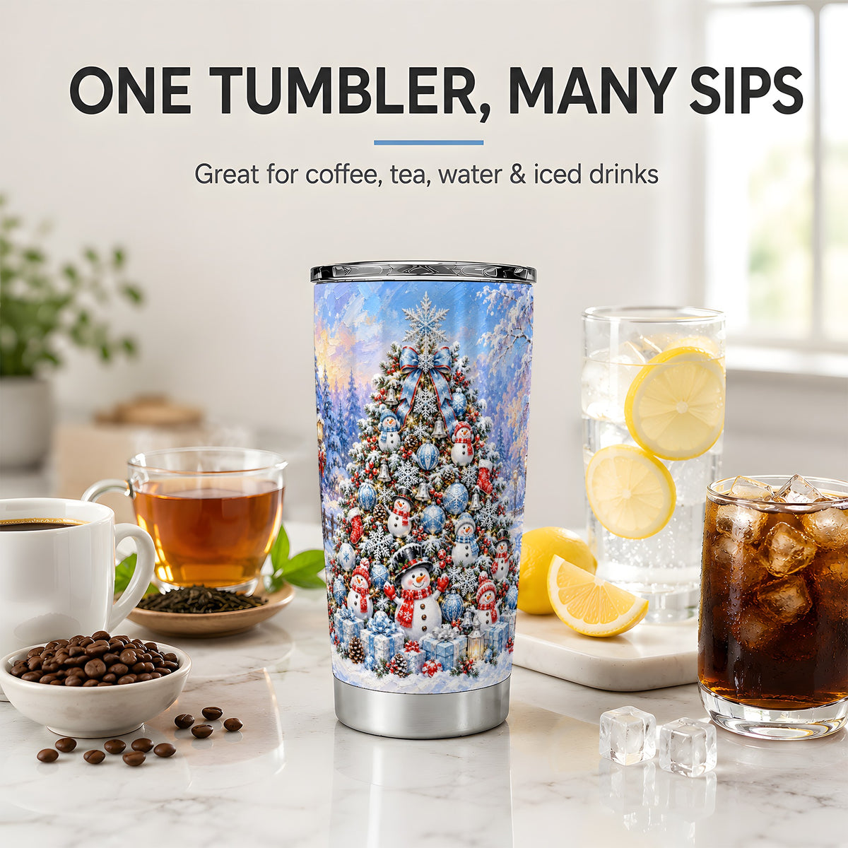Snowman Winter Christmas Tumbler, 20oz Stainless Steel Drinkware
