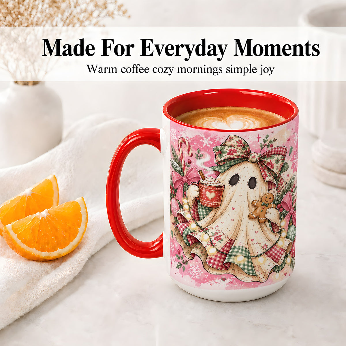 #pl[15oz|Red] Cute Christmas Ghost Accent Mug, Ceramic Coffee Cup for Ghost Fans