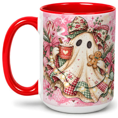 #pl[15oz|Red] Cute Christmas Ghost Accent Mug, Ceramic Coffee Cup for Ghost Fans