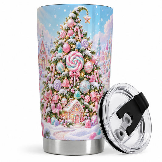 Pink Candy Christmas Tree Tumbler, 20oz Stainless Steel Drinkware