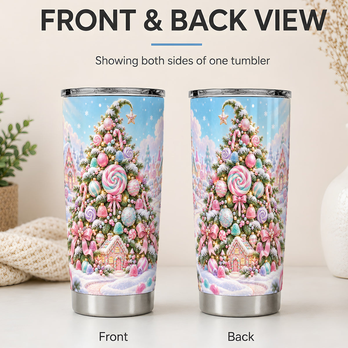 #pl[20oz|Steel] Pink Candy Christmas Tree Tumbler, 20oz Stainless Steel Drinkware