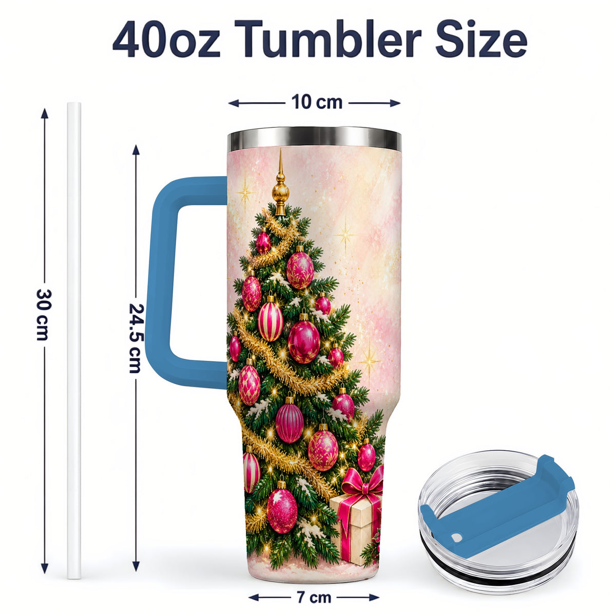 #pl[40oz|Blue] Pink Christmas Ornaments Tumbler, 40oz Handled Stainless Steel