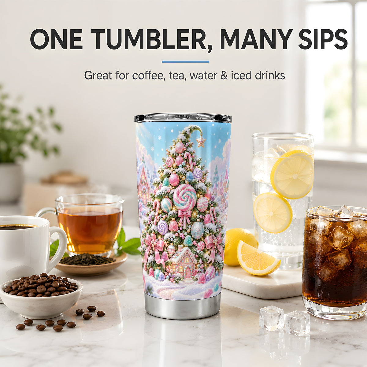 Pink Candy Christmas Tree Tumbler, 20oz Stainless Steel Drinkware