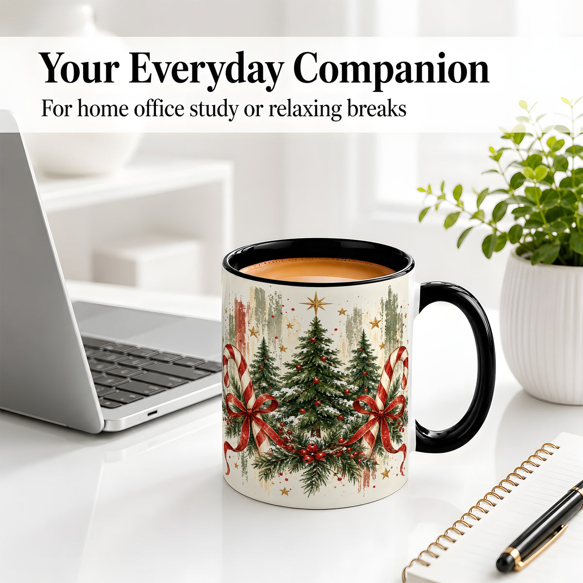 #pl[11oz|Black] Rustic Christmas Trees Accent Mug, Ceramic Holiday Coffee Cup