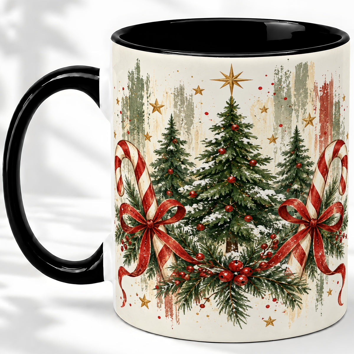 #pl[11oz|Black] Rustic Christmas Trees Accent Mug, Ceramic Holiday Coffee Cup