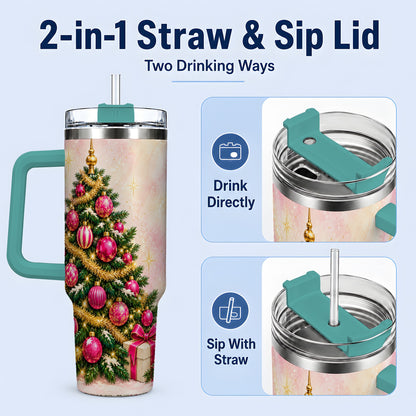 #pl[40oz|Green] Pink Christmas Ornaments Tumbler, 40oz Handled Stainless Steel