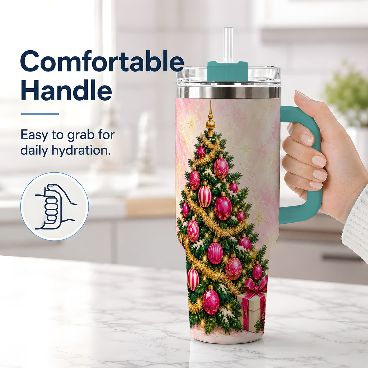 #pl[40oz|Green] Pink Christmas Ornaments Tumbler, 40oz Handled Stainless Steel