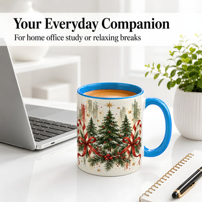 #pl[11oz|Blue] Rustic Christmas Trees Accent Mug, Ceramic Holiday Coffee Cup