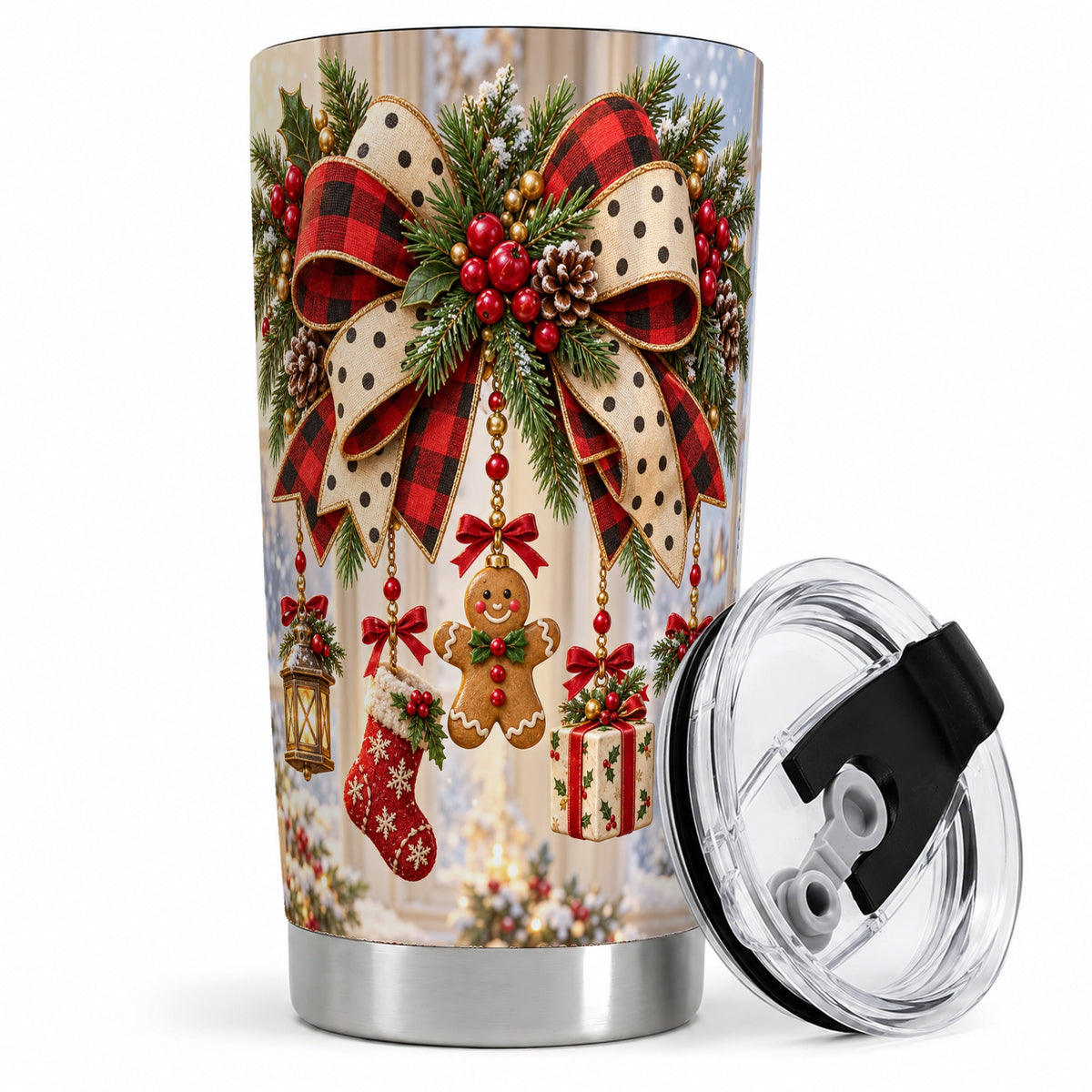 Christmas Bow Ornament Tumbler, 20oz Stainless Steel Holiday Cup