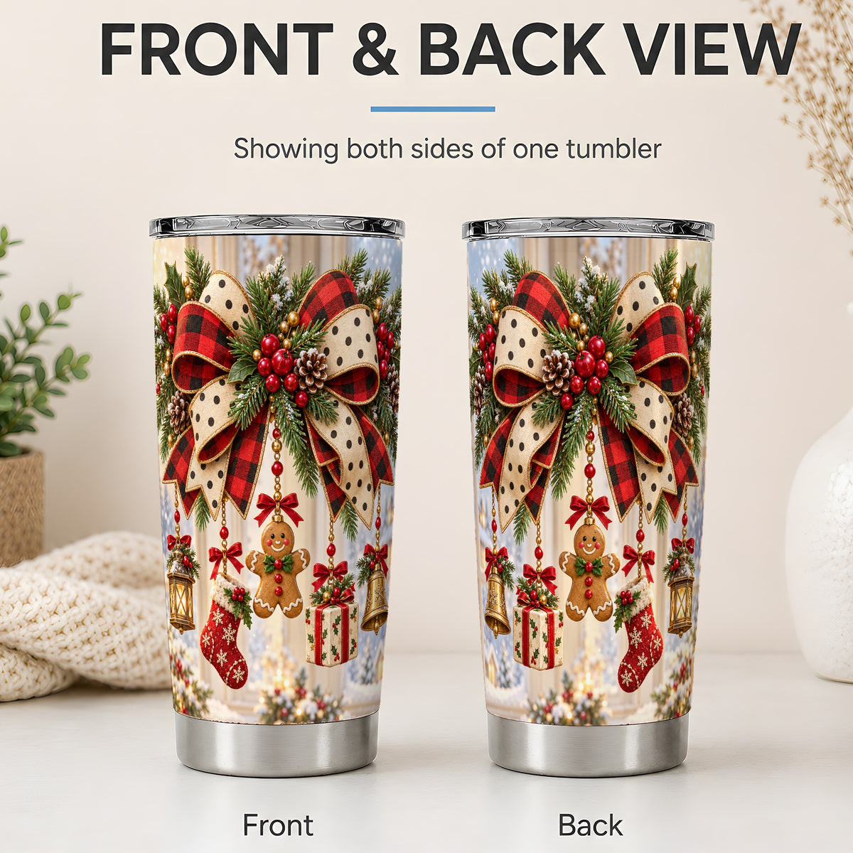 #pl[20oz|Steel] Christmas Bow Ornament Tumbler, 20oz Stainless Steel Holiday Cup