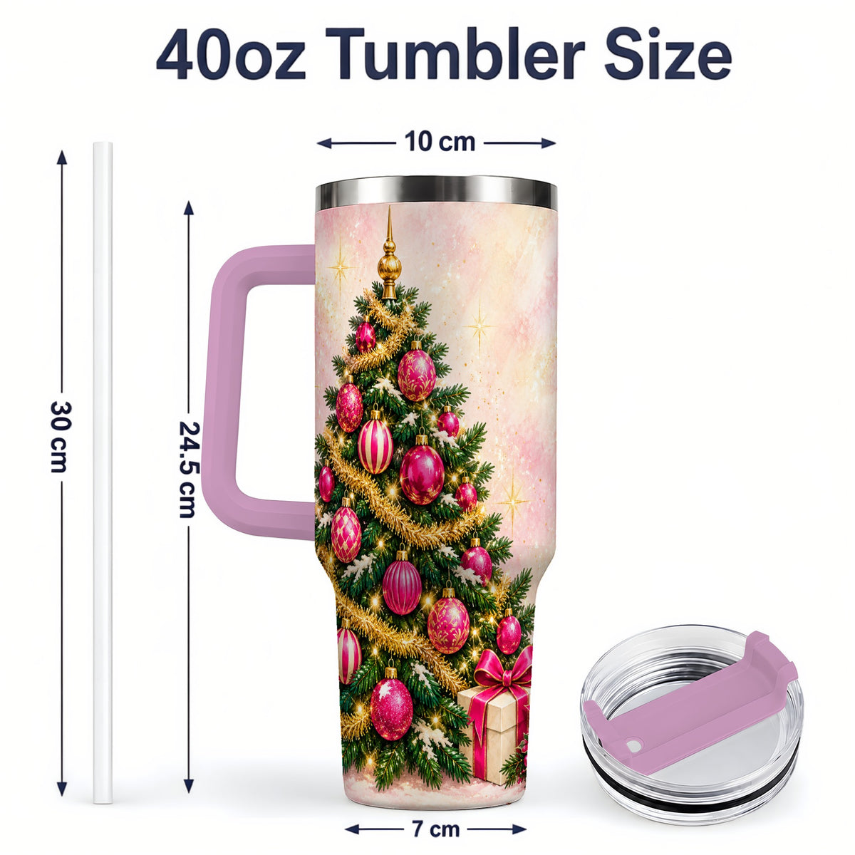 #pl[40oz|Pink] Pink Christmas Ornaments Tumbler, 40oz Handled Stainless Steel