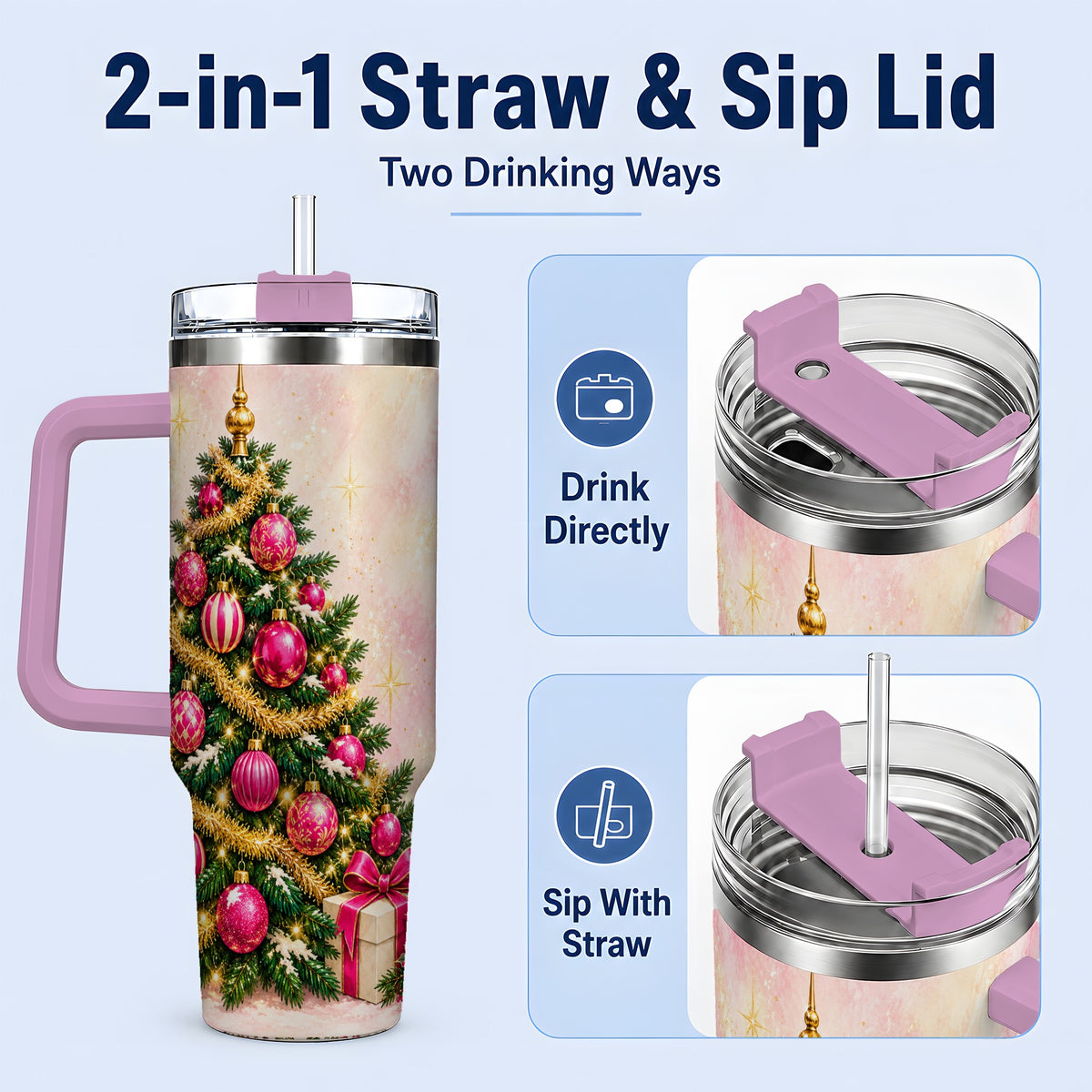 #pl[40oz|Pink] Pink Christmas Ornaments Tumbler, 40oz Handled Stainless Steel