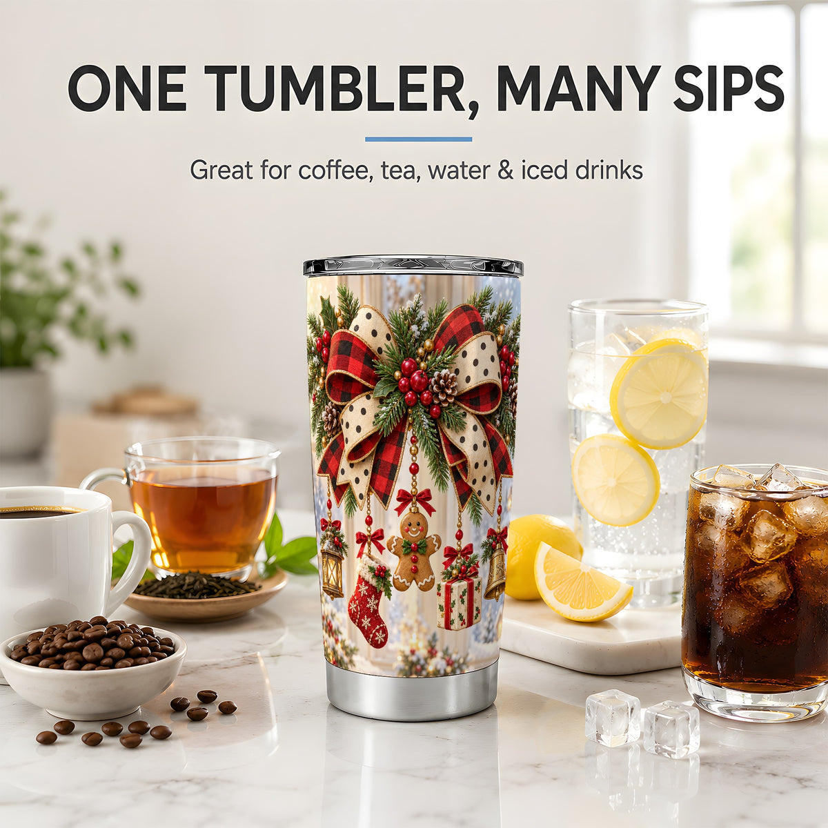 Christmas Bow Ornament Tumbler, 20oz Stainless Steel Holiday Cup