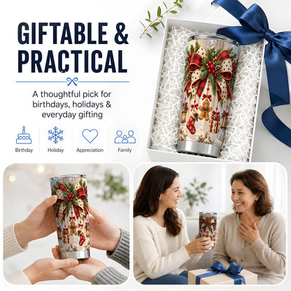 Christmas Bow Ornament Tumbler, 20oz Stainless Steel Holiday Cup