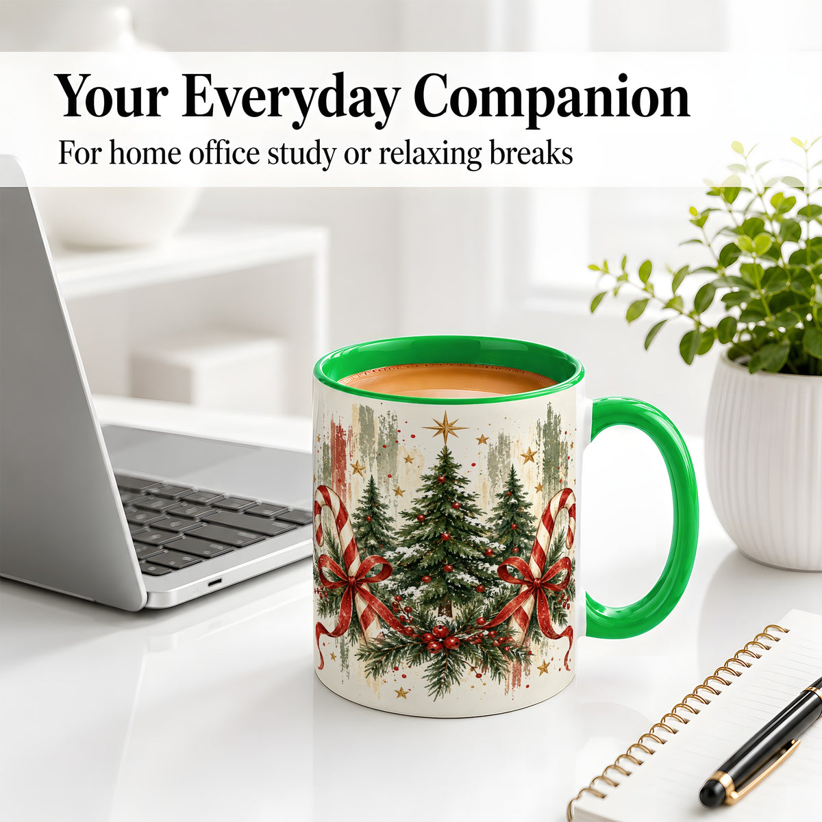 #pl[11oz|Green] Rustic Christmas Trees Accent Mug, Ceramic Holiday Coffee Cup