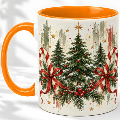 #pl[11oz|Orange] Rustic Christmas Trees Accent Mug, Ceramic Holiday Coffee Cup