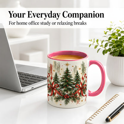 #pl[11oz|Pink] Rustic Christmas Trees Accent Mug, Ceramic Holiday Coffee Cup