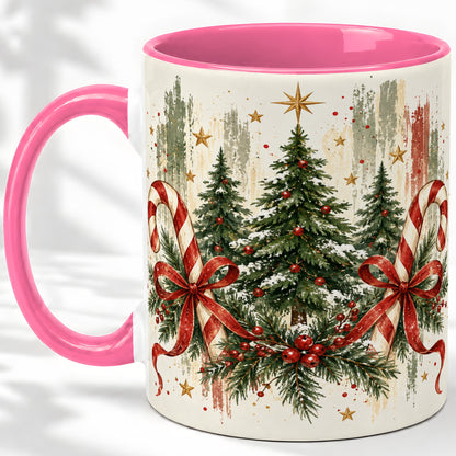 #pl[11oz|Pink] Rustic Christmas Trees Accent Mug, Ceramic Holiday Coffee Cup