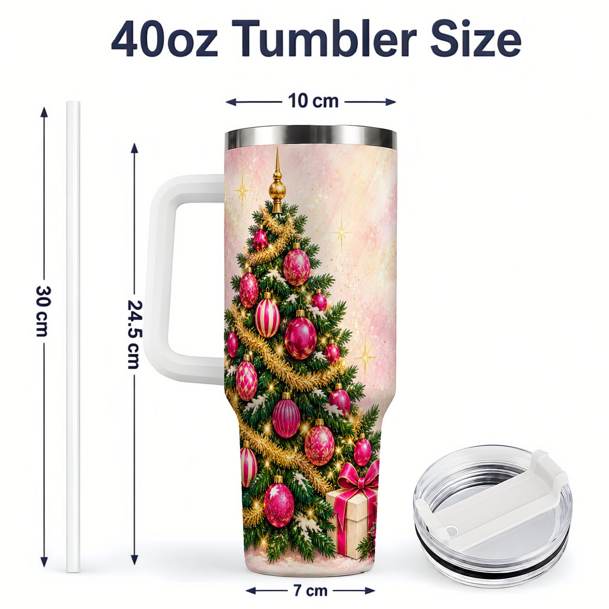 #pl[40oz|White] Pink Christmas Ornaments Tumbler, 40oz Handled Stainless Steel