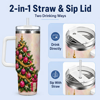 #pl[40oz|White] Pink Christmas Ornaments Tumbler, 40oz Handled Stainless Steel