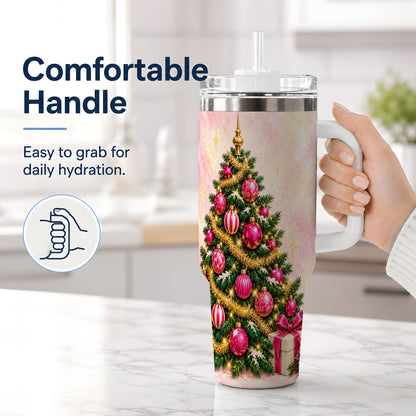 #pl[40oz|White] Pink Christmas Ornaments Tumbler, 40oz Handled Stainless Steel