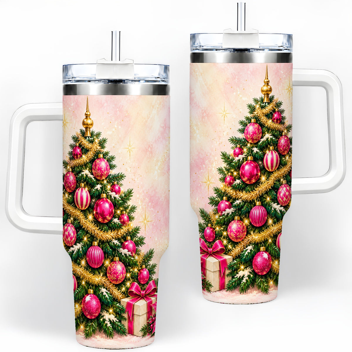 Pink Christmas Ornaments Tumbler, 40oz Handled Stainless Steel