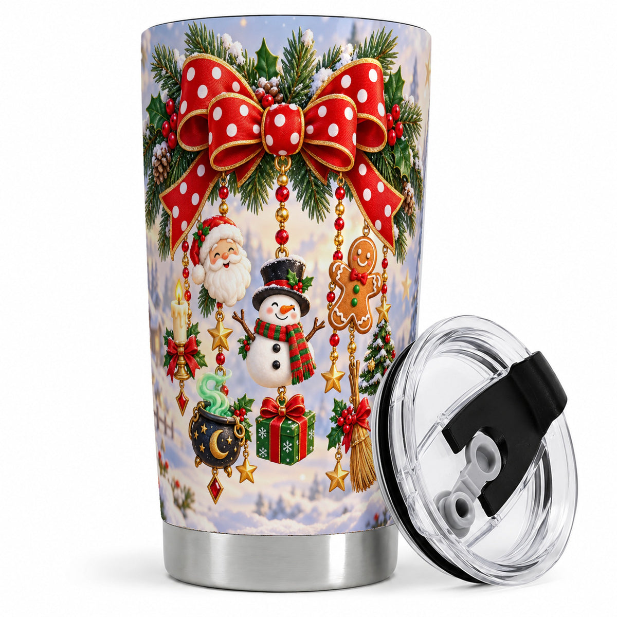 Christmas Bow Tumbler, 20oz Stainless Steel Holiday Ornament Design
