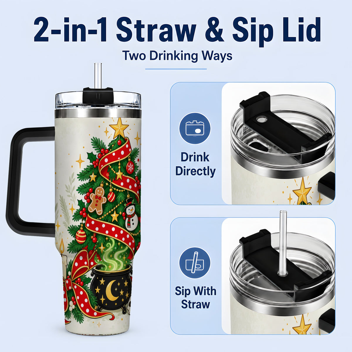 #pl[40oz|Black] Spooky Christmas Tree Tumbler, 40oz Handled Stainless Steel Cup