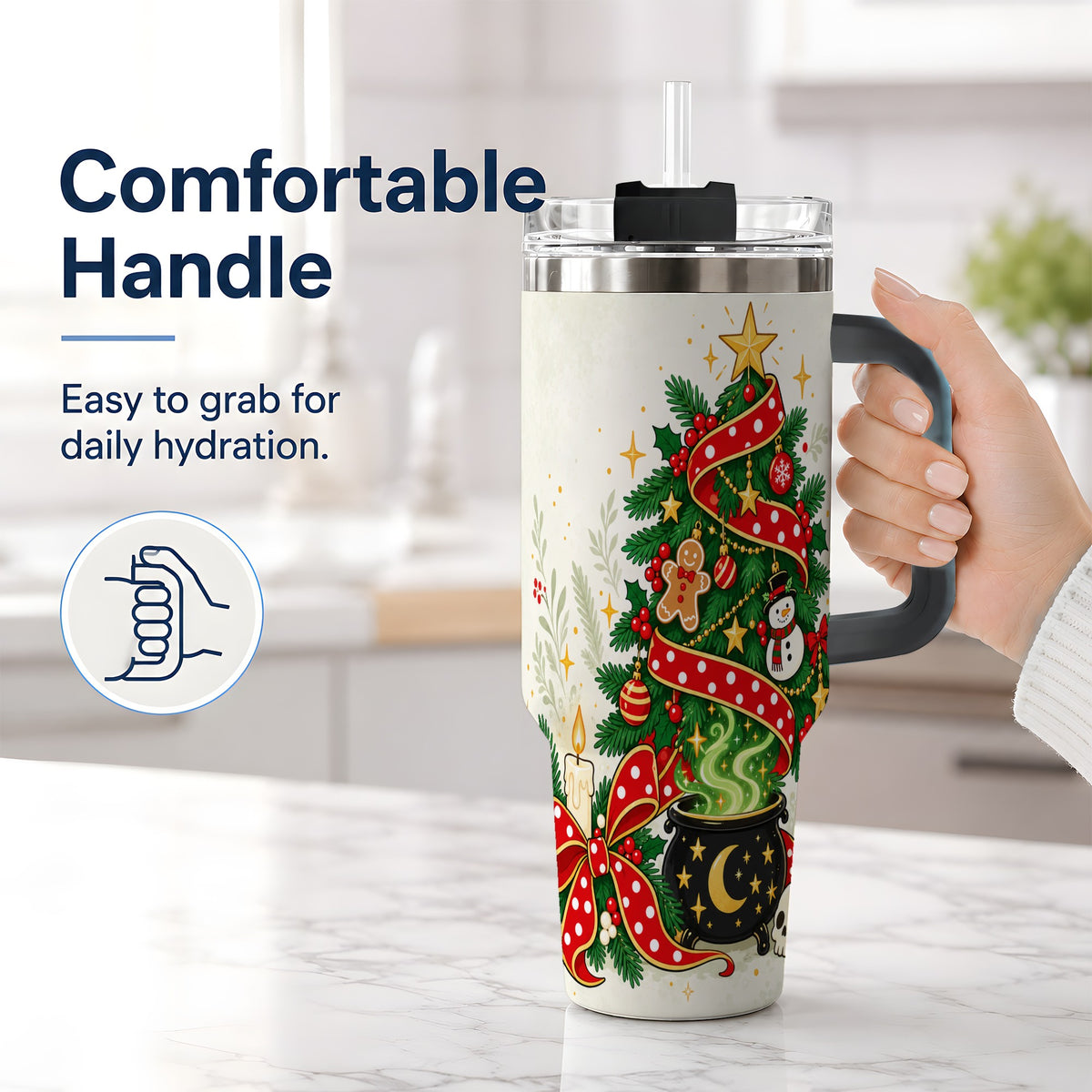 #pl[40oz|Black] Spooky Christmas Tree Tumbler, 40oz Handled Stainless Steel Cup