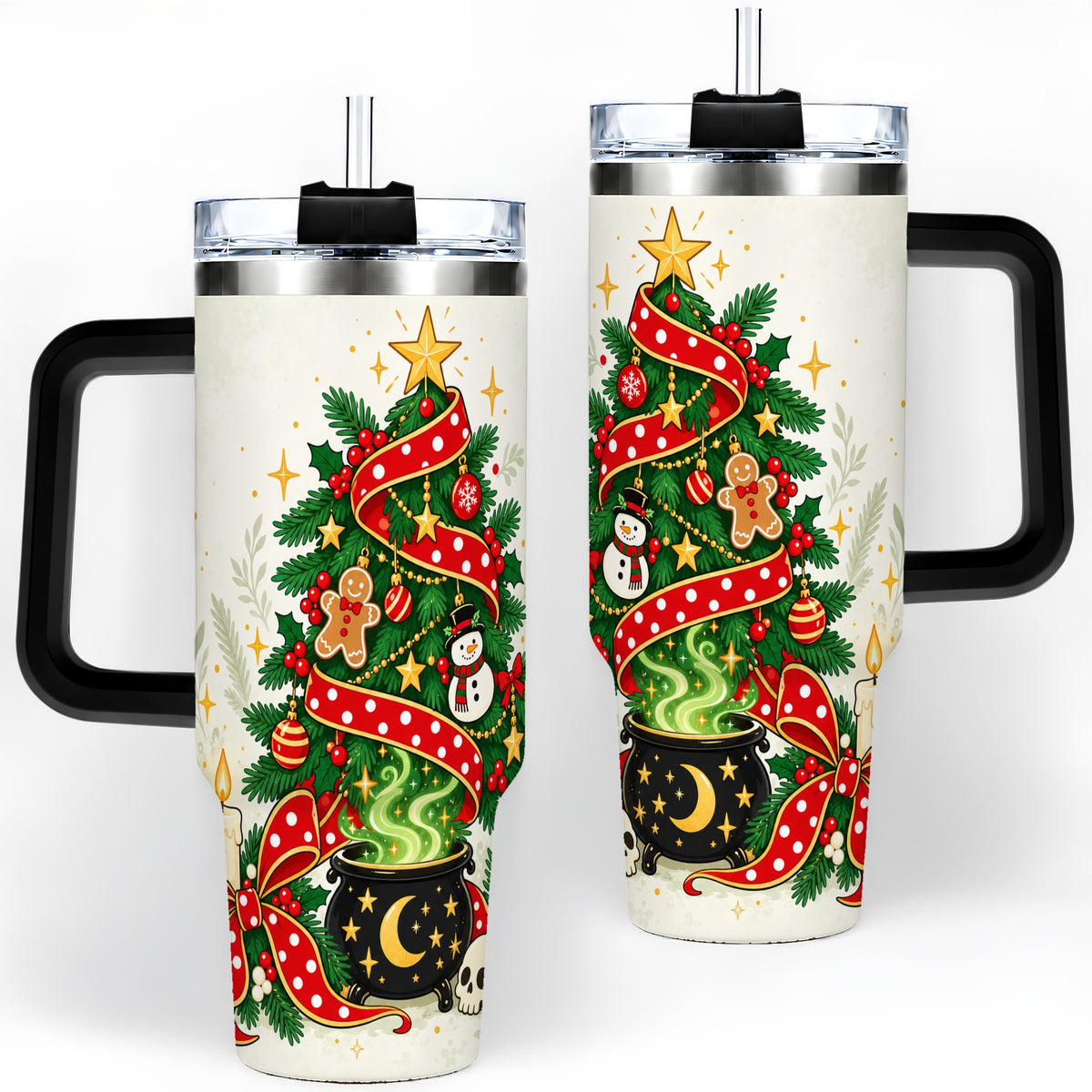 #pl[40oz|Black] Spooky Christmas Tree Tumbler, 40oz Handled Stainless Steel Cup