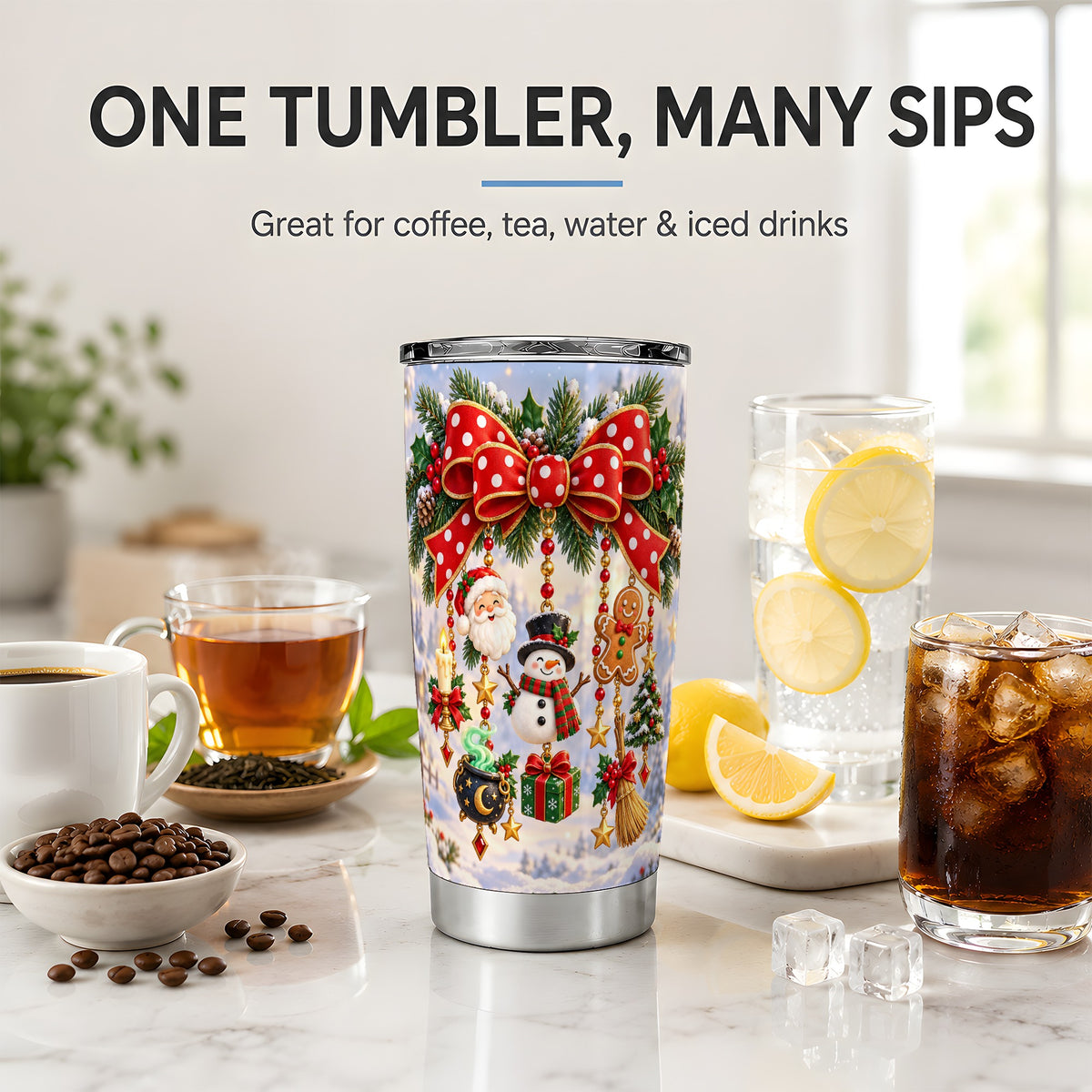 Christmas Bow Tumbler, 20oz Stainless Steel Holiday Ornament Design