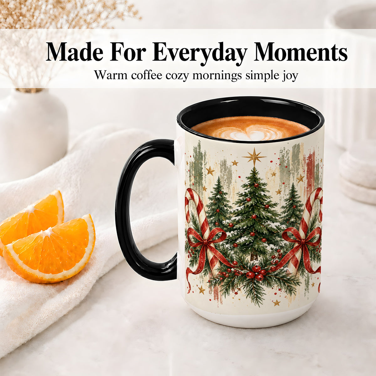 #pl[15oz|Black] Rustic Christmas Trees Accent Mug, Ceramic Holiday Coffee Cup
