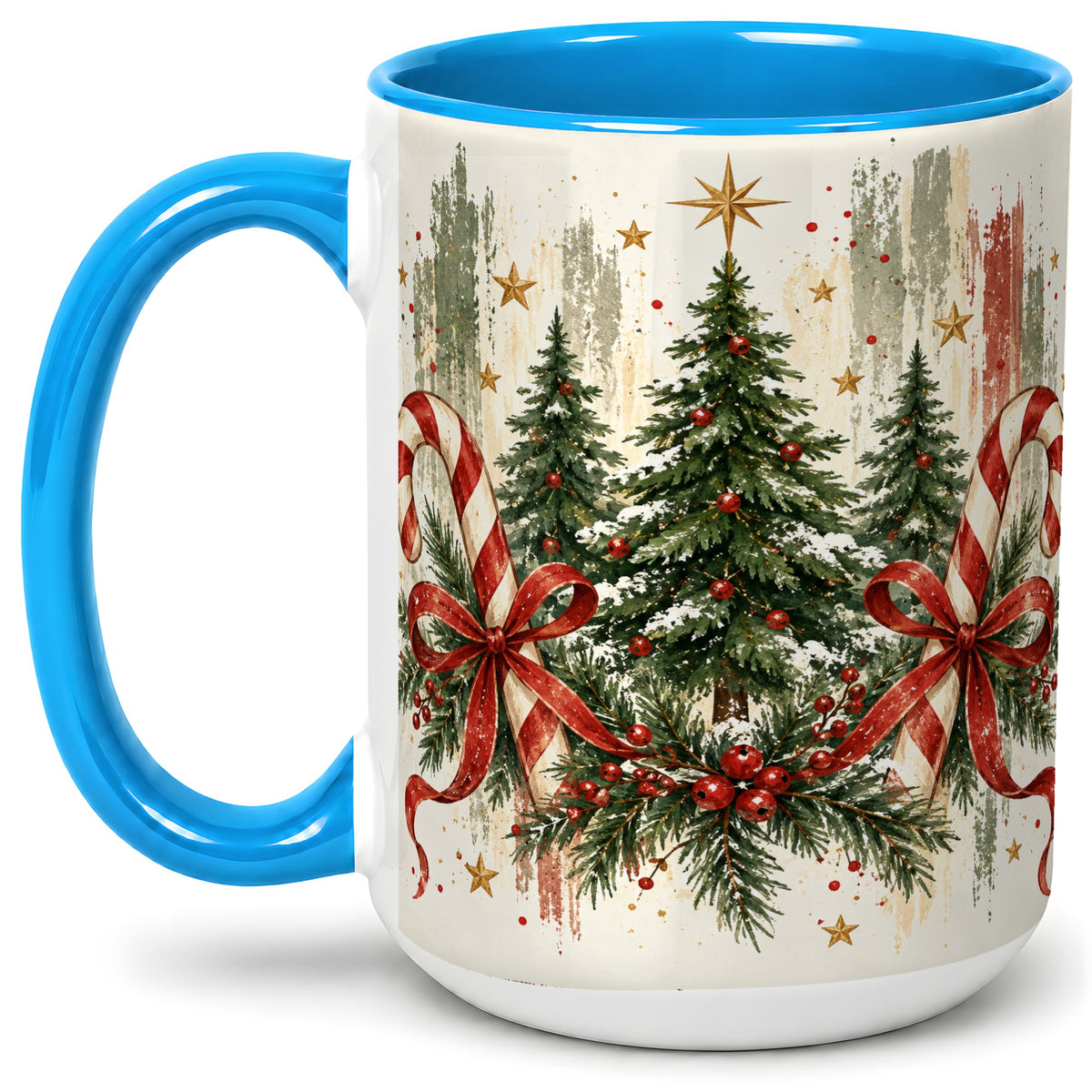 #pl[15oz|Blue] Rustic Christmas Trees Accent Mug, Ceramic Holiday Coffee Cup