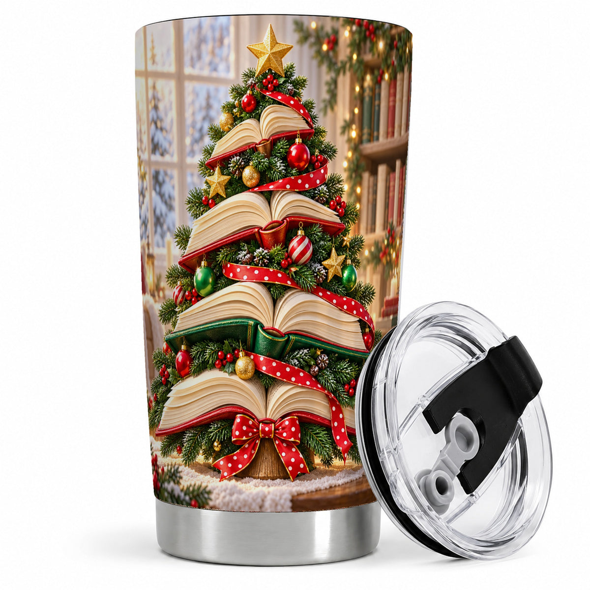 Christmas Book Tree Tumbler, 20oz Stainless Steel Cup for Book Lovers