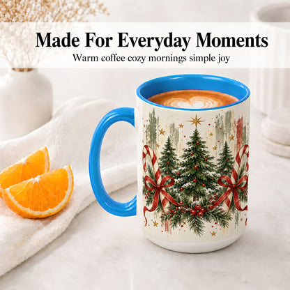 #pl[15oz|Blue] Rustic Christmas Trees Accent Mug, Ceramic Holiday Coffee Cup