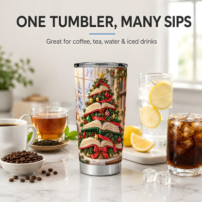 Christmas Book Tree Tumbler, 20oz Stainless Steel Cup for Book Lovers