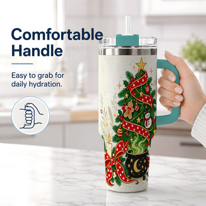 #pl[40oz|Green] Spooky Christmas Tree Tumbler, 40oz Handled Stainless Steel Cup