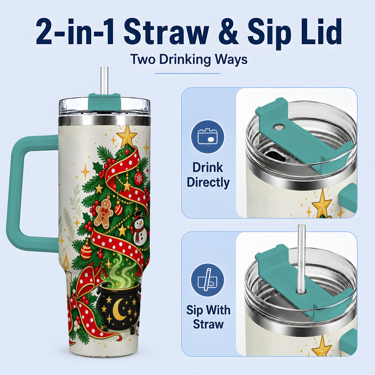 #pl[40oz|Green] Spooky Christmas Tree Tumbler, 40oz Handled Stainless Steel Cup