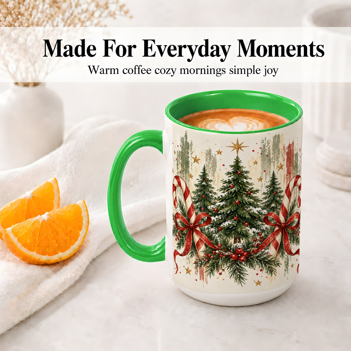 #pl[15oz|Green] Rustic Christmas Trees Accent Mug, Ceramic Holiday Coffee Cup