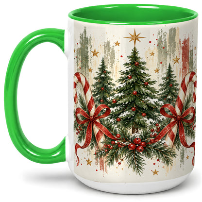 #pl[15oz|Green] Rustic Christmas Trees Accent Mug, Ceramic Holiday Coffee Cup
