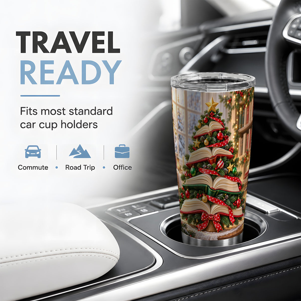 Christmas Book Tree Tumbler, 20oz Stainless Steel Cup for Book Lovers