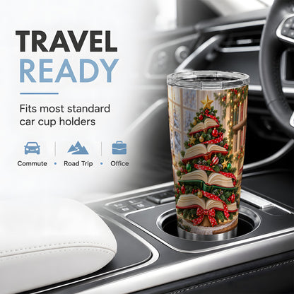 Christmas Book Tree Tumbler, 20oz Stainless Steel Cup for Book Lovers