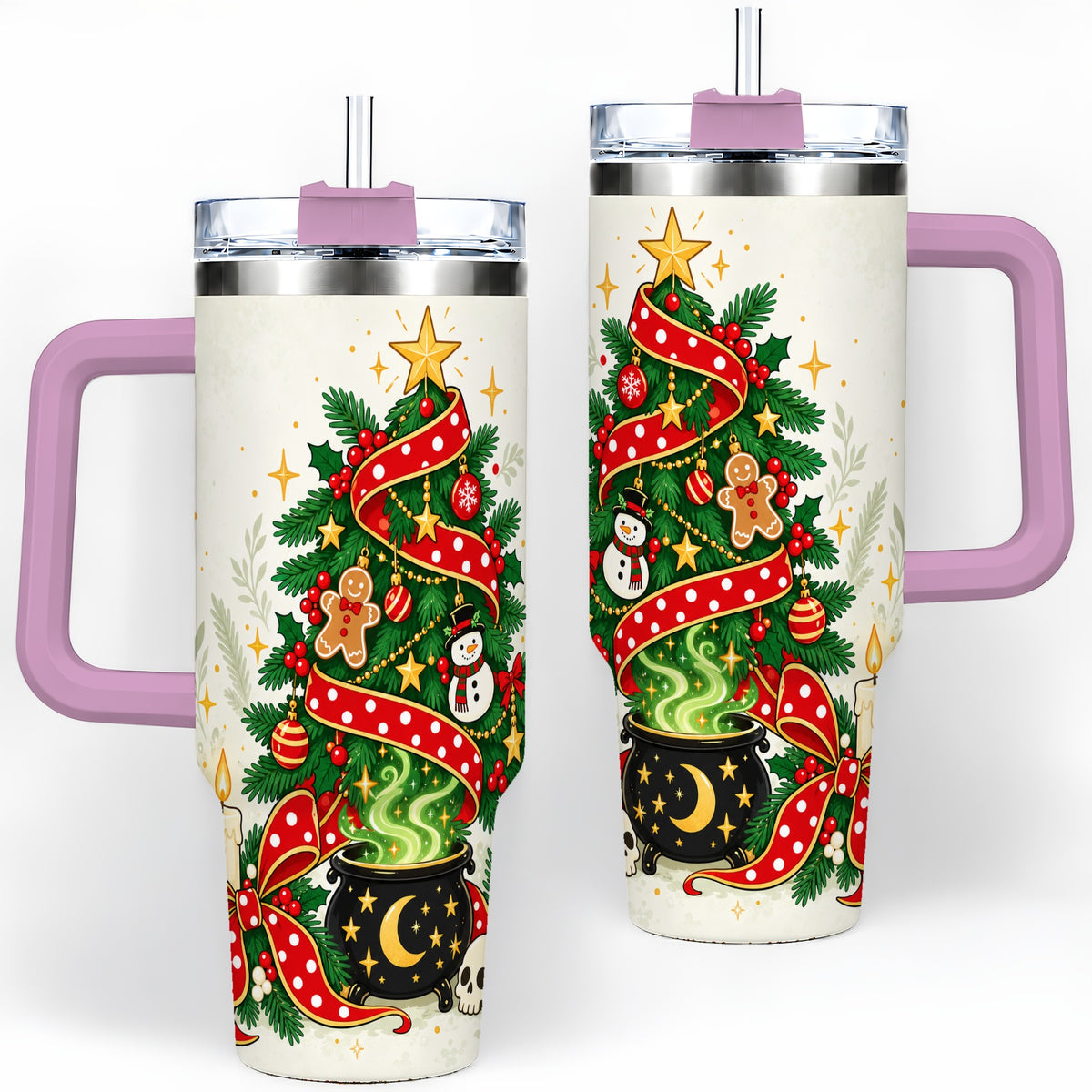#pl[40oz|Pink] Spooky Christmas Tree Tumbler, 40oz Handled Stainless Steel Cup