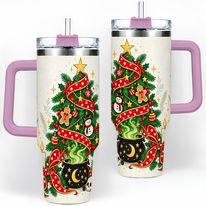 #pl[40oz|Pink] Spooky Christmas Tree Tumbler, 40oz Handled Stainless Steel Cup