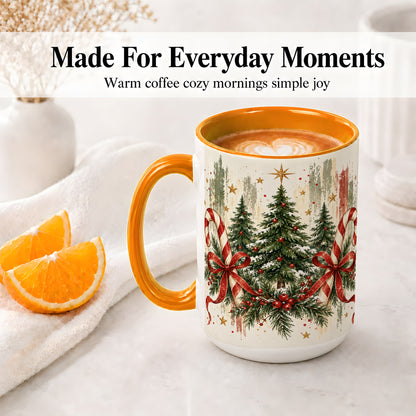 #pl[15oz|Orange] Rustic Christmas Trees Accent Mug, Ceramic Holiday Coffee Cup