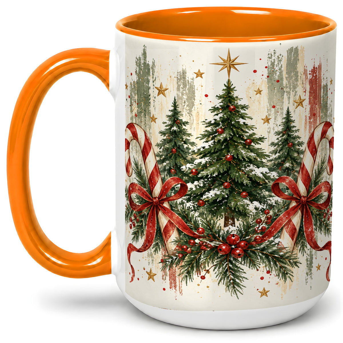 #pl[15oz|Orange] Rustic Christmas Trees Accent Mug, Ceramic Holiday Coffee Cup