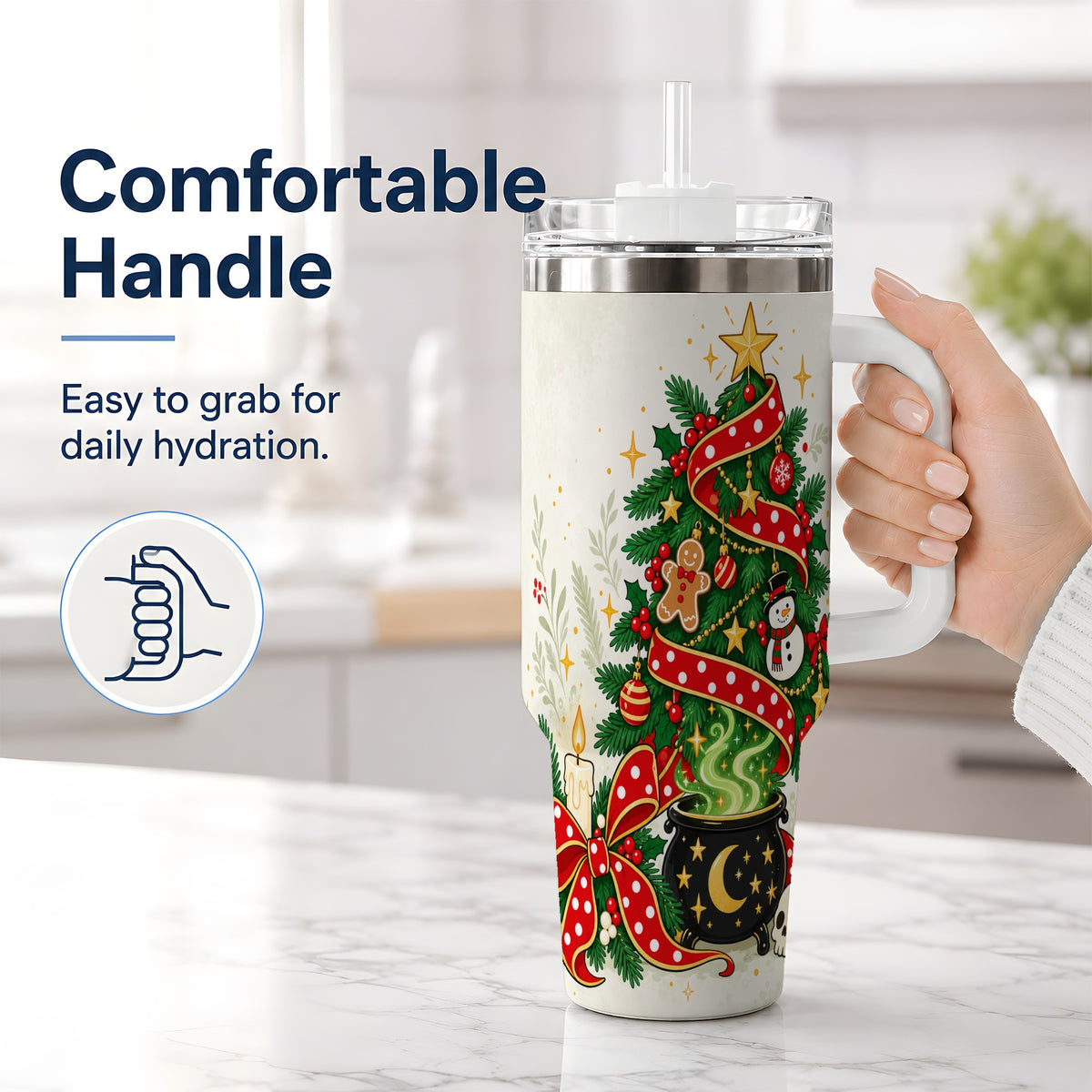#pl[40oz|White] Spooky Christmas Tree Tumbler, 40oz Handled Stainless Steel Cup